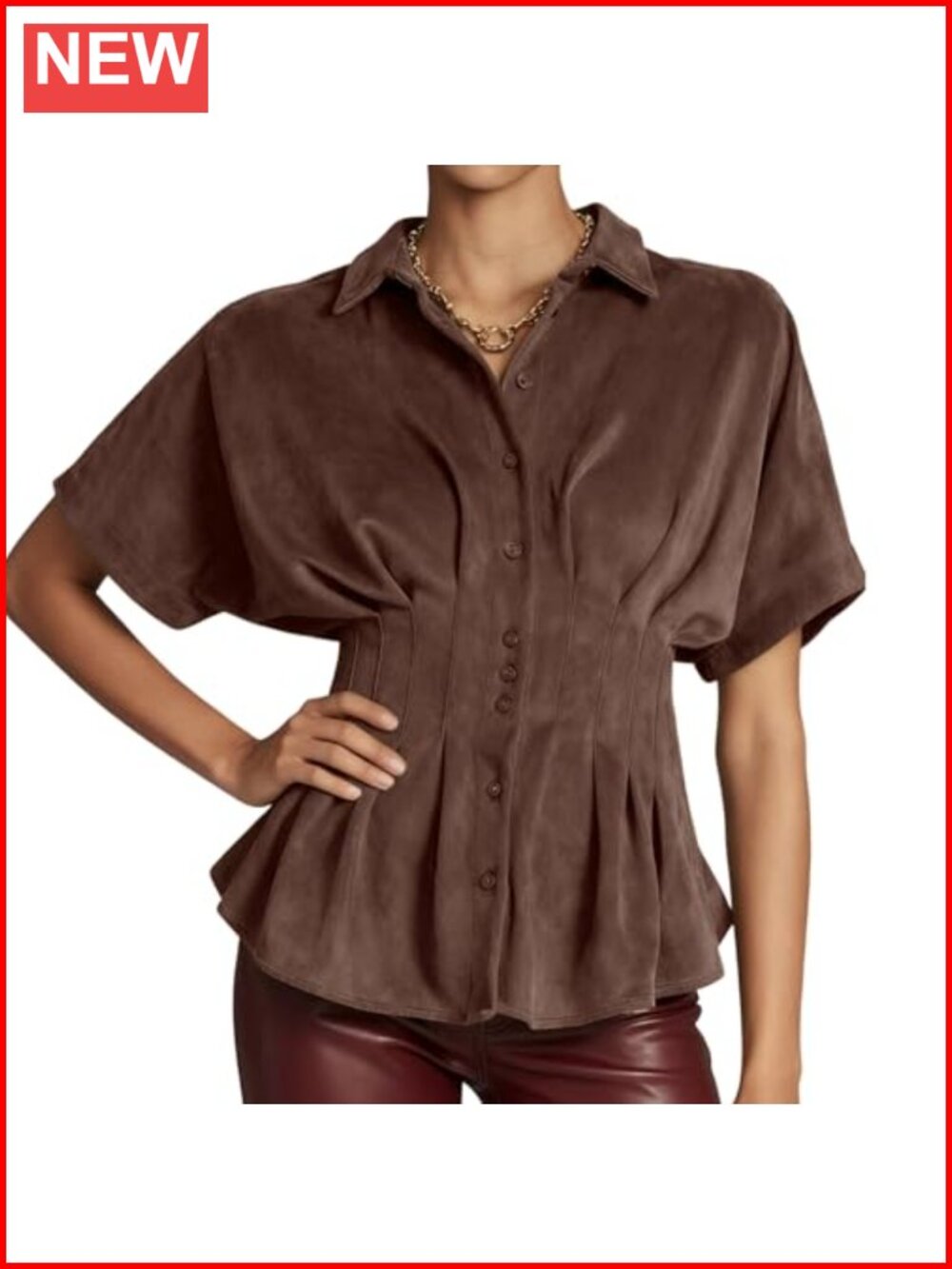 Women's Faux Suede Peplum Blouse Short Sleeve Button Down Flared Top